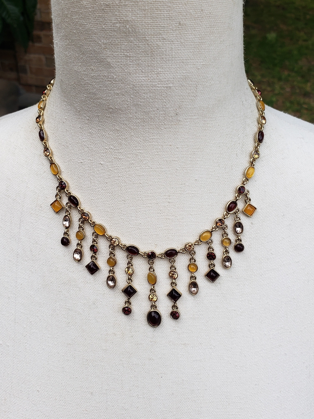 Gold-Tone Fringe Necklace with Yellow and Burgundy Stones